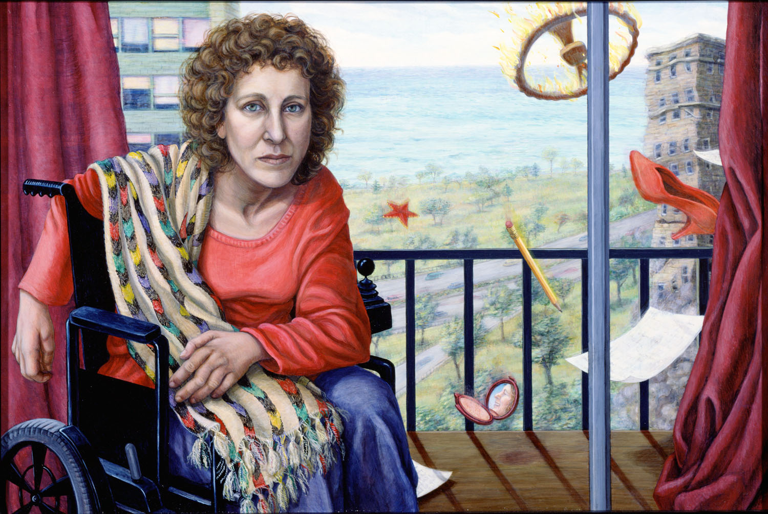 painted woman in wheelchair in front of a balcony with a scenic view and various objects floating in the air