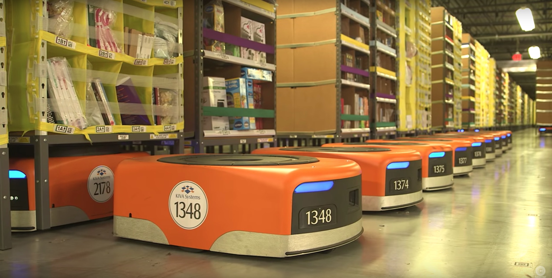 Amazon Warehouse robots lined up on the ground