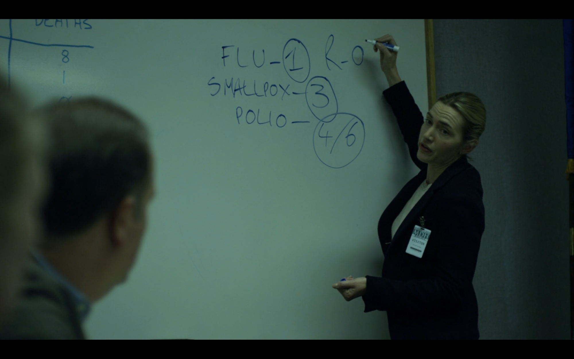 A woman stands to left of frame writing various diseases on a white board; in the foreground sit a watchful audience