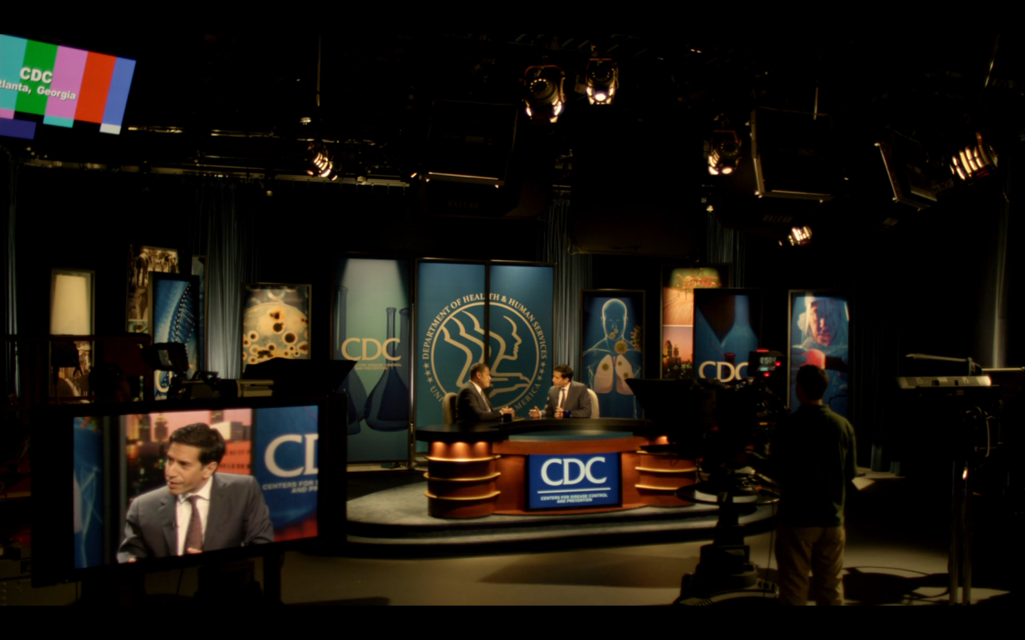 Shot of what appears to be the filming of a news segment broadcasted from the CDC