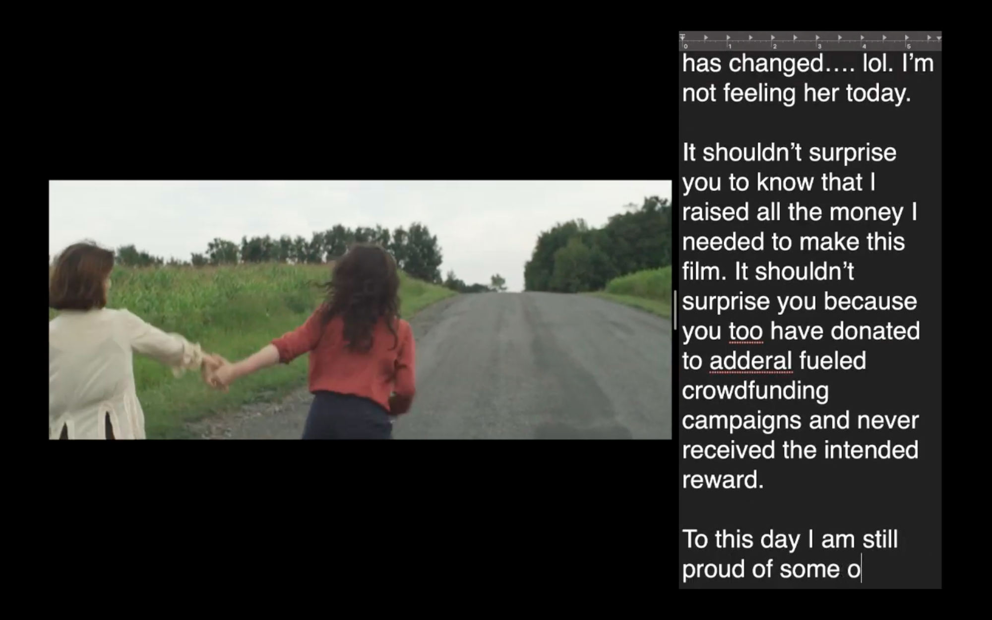 A screenshot of a desktop during a performance of My First Film. Two people are standing in the middle of a road holding hands. One is dressed in white, and the other is dressed in red. Trees and tall grass line both sides of the road.