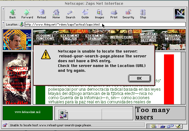 Older version of Netscape computer alert popup as part of Electronic Disturbance Theater project
