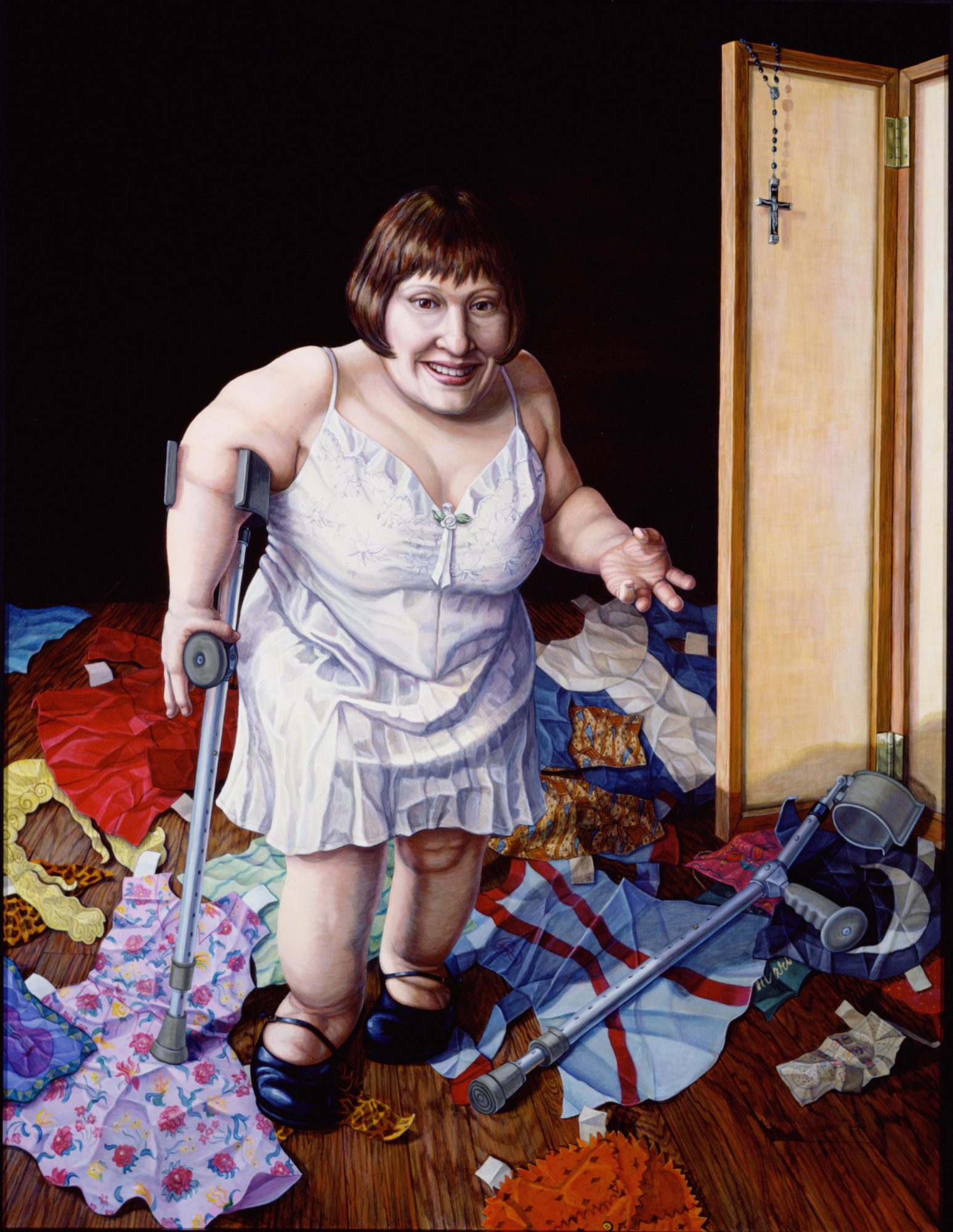 painting of woman wearing a slip dress, on crutches in a room with clothes all over the floor and a rosary hung on a screen divider