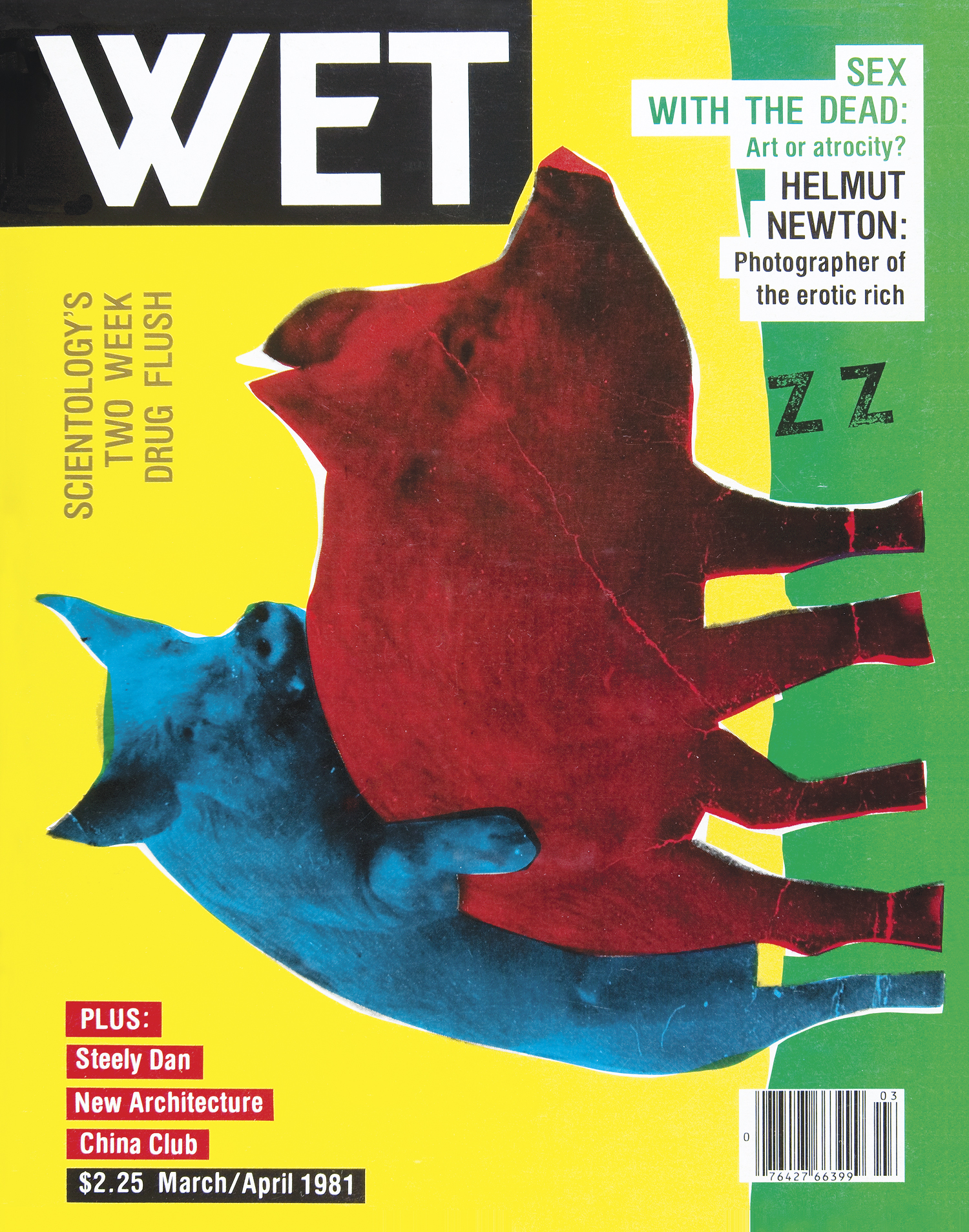 A cover of Wet Magazine featuring a blue pig and a red one having sex.