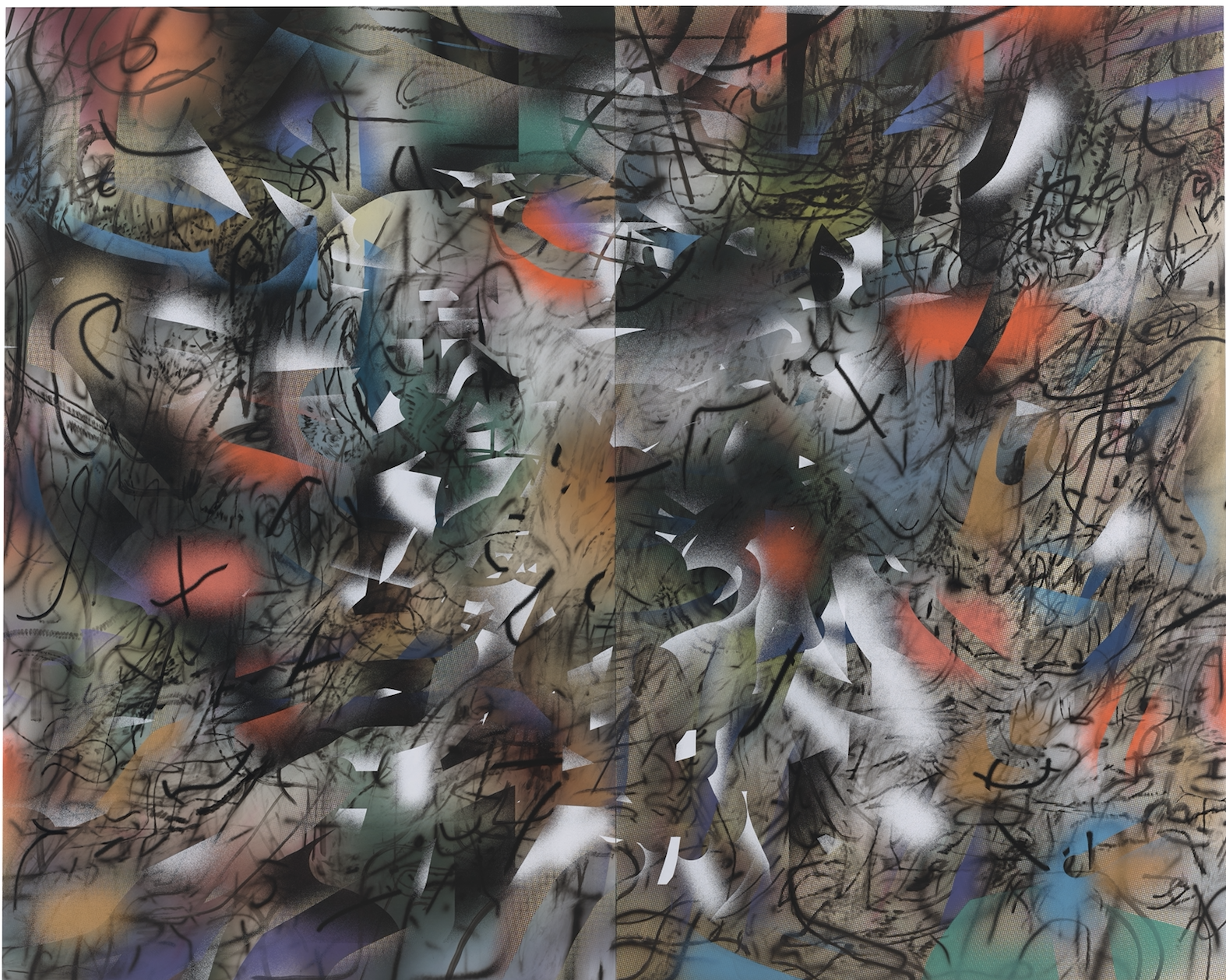A photograph of an abstract painting. The painting is dark with sections that are black, white, bright orange, blue, purple and green.