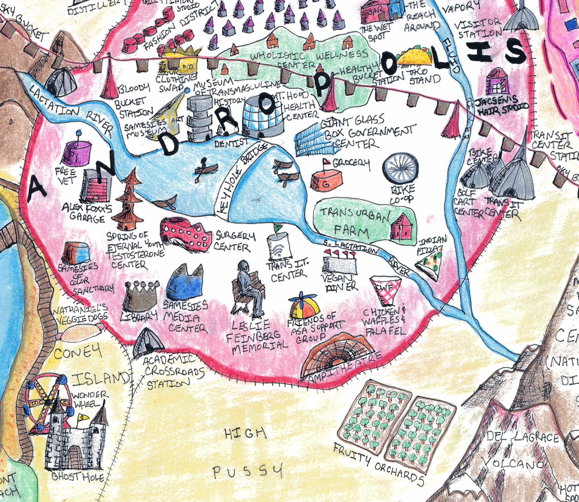 detail of 'Andropolis,' a city on Samsies Island; all features and attractions are marked by hand-drawn colored icons and hand-written text