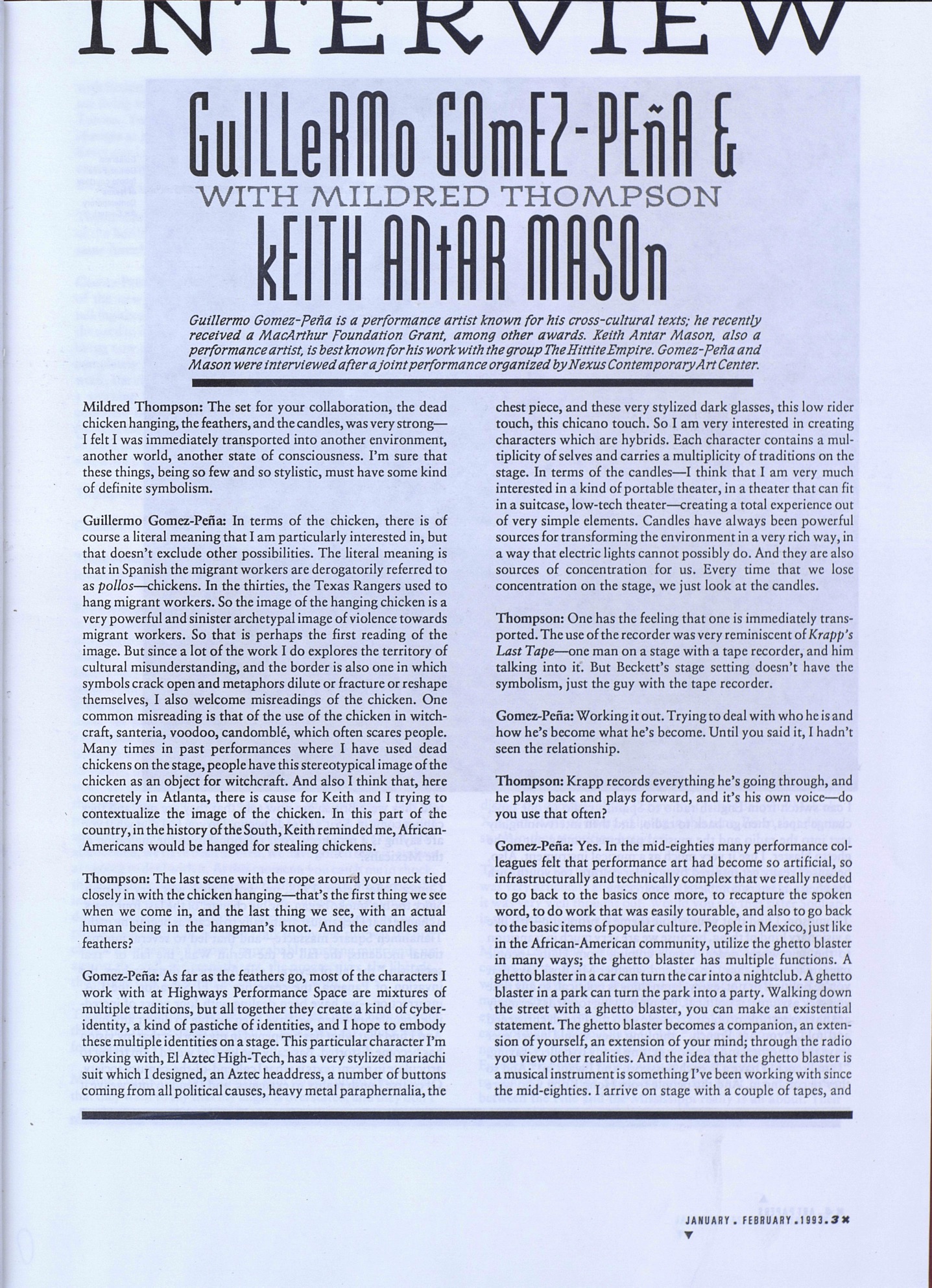 scan of interview between Guillermo Gomez-Peña, Keith Antar Mason, and Mildred Thompson