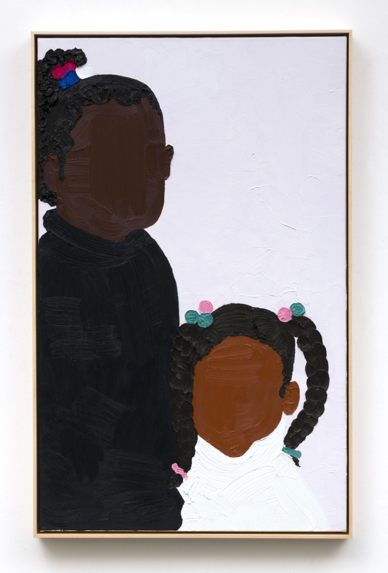 Two black figures are without facial features and are set against an off-white background