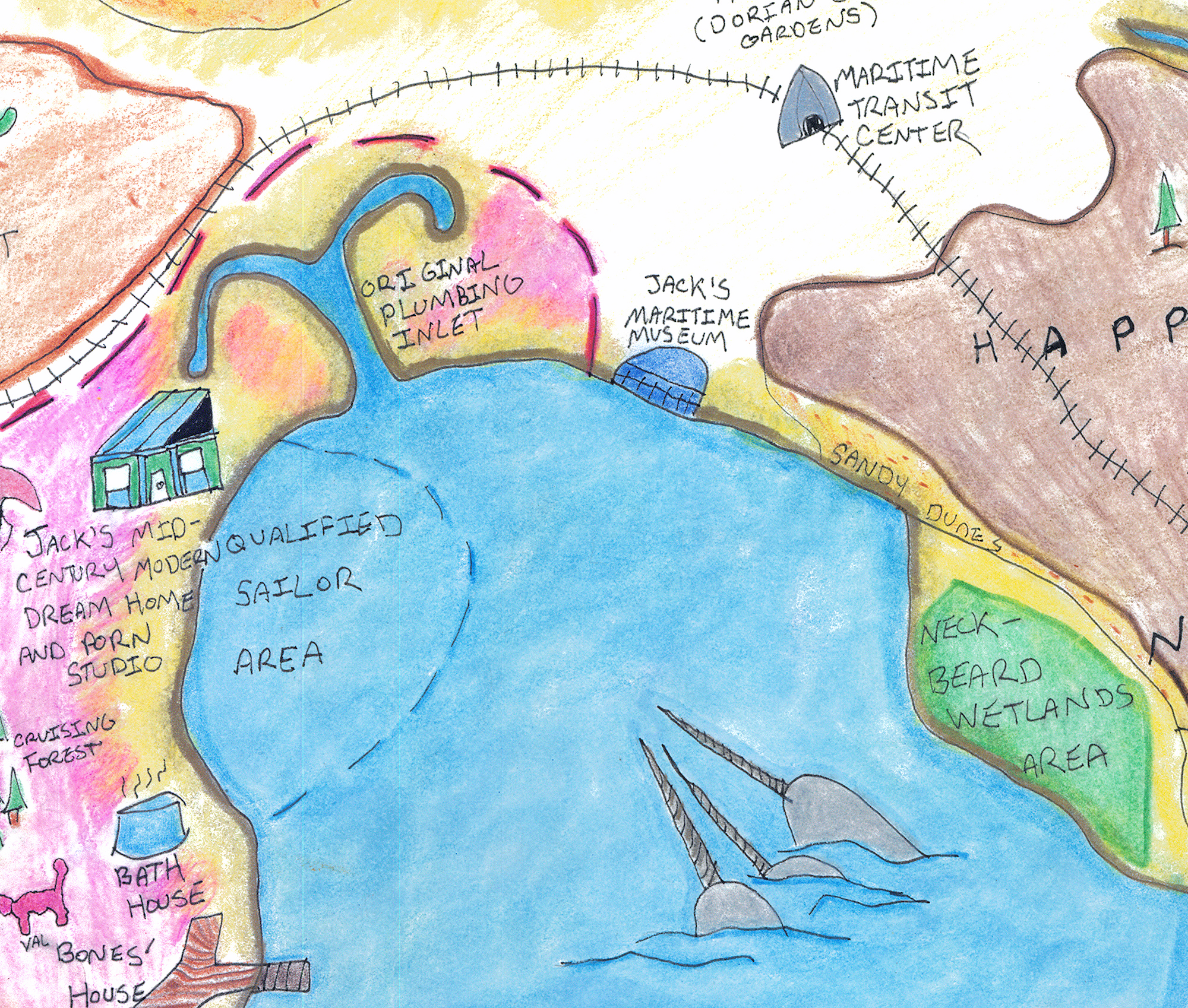 a detail of the hand-drawn map of Samsies Island; this shot details landmarks such as 'Neck-Beard Wetlands Area' and 'Jack's Mid-Century Modern Dream Home and Porn Studio'