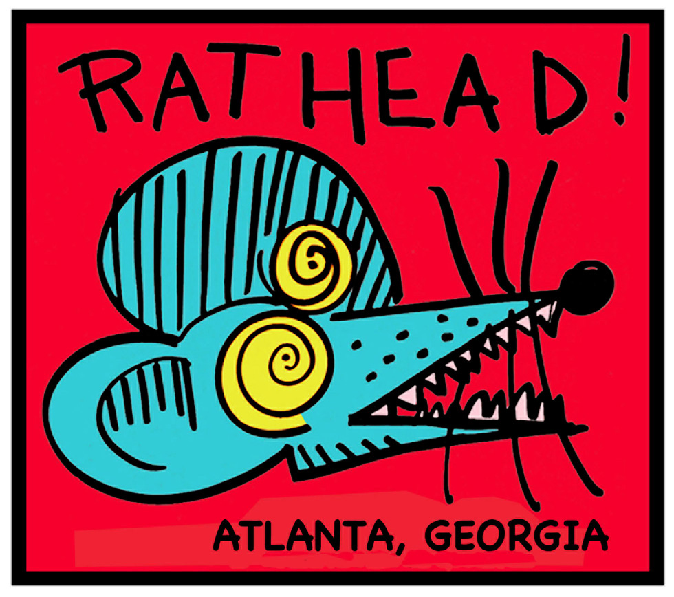 A red and bright blue poster of a rat that reads 