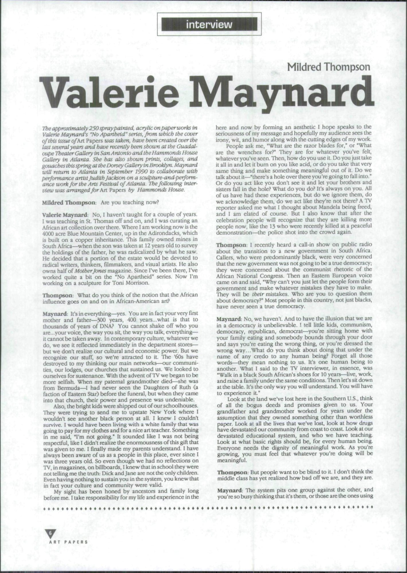 Scan of an interview between Mildred Thompson and Valerie Maynard.