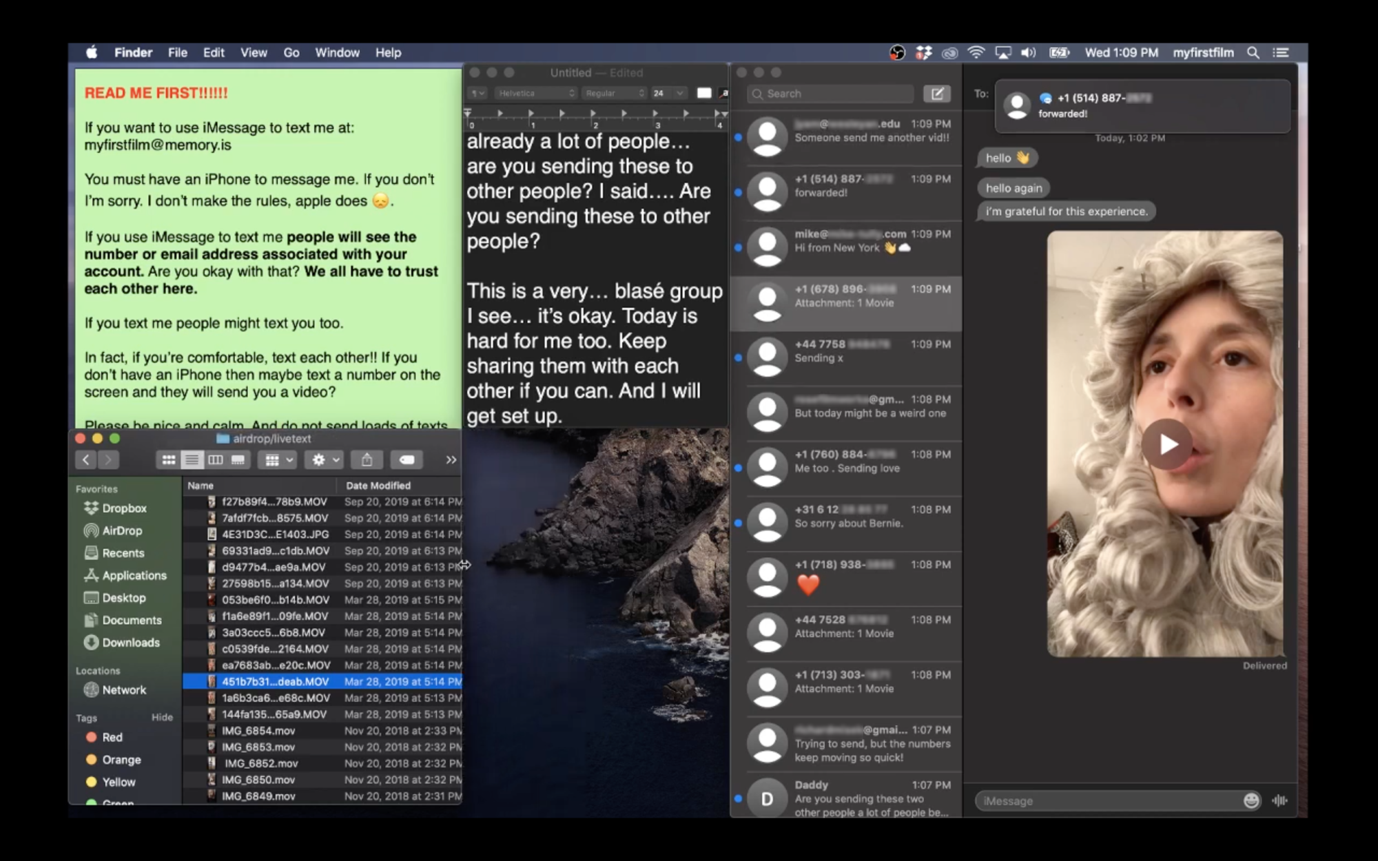 Another screenshot of a desktop during a performance of My First Film. The screenshot features a sticky note containing instructions for texting the filmmaker during the performance, as well as a display of several texts from attendees: reactions, greetings and more.