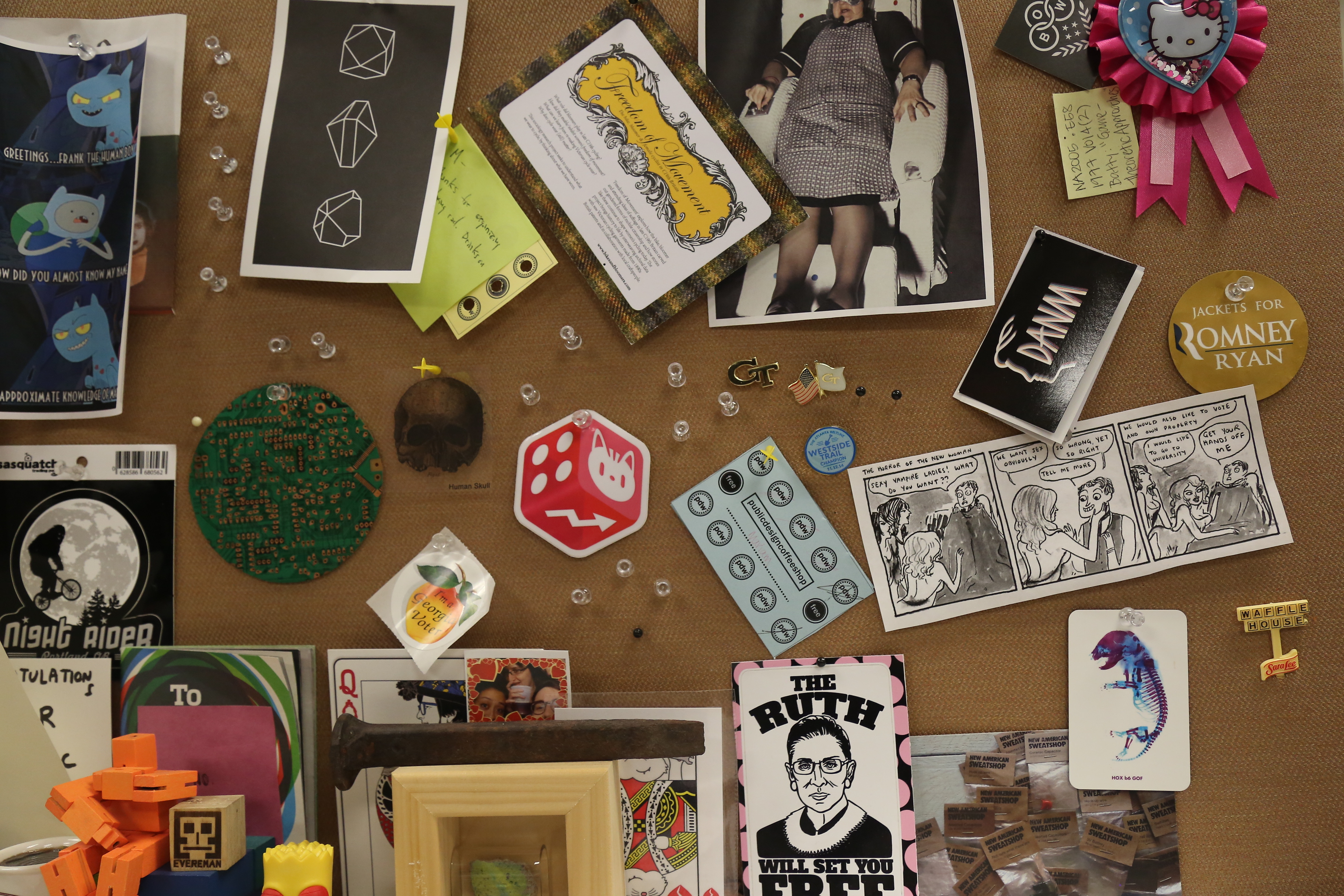 A closeup image of Ian Bogost's pin board.