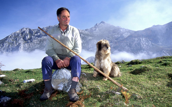 A man and a dog sitting next to each other, as a mountain is behind them,