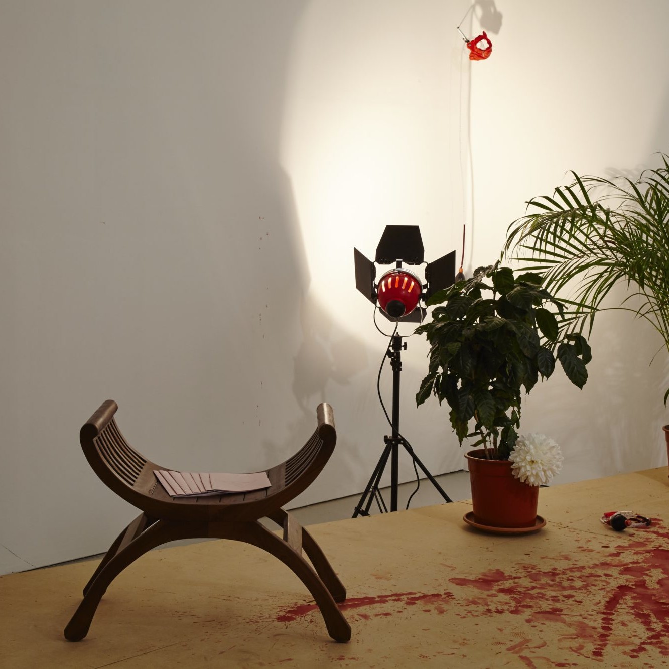 A set consisting of a spotlight, chair, potted plants, and red splatters on the floor