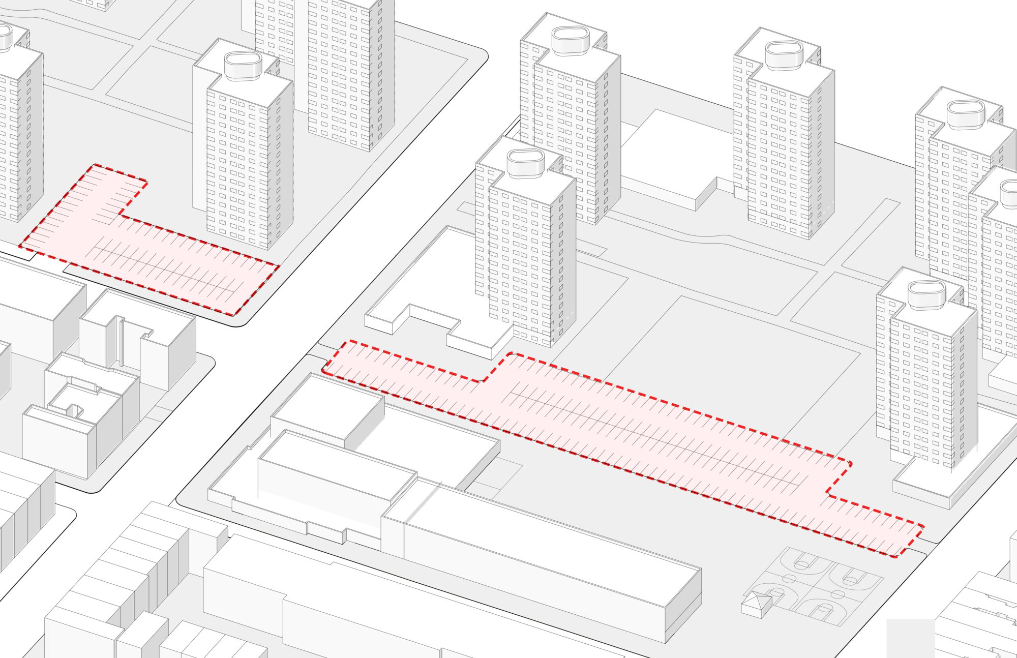 A drafted drawing of a city plan for updated parking lots.