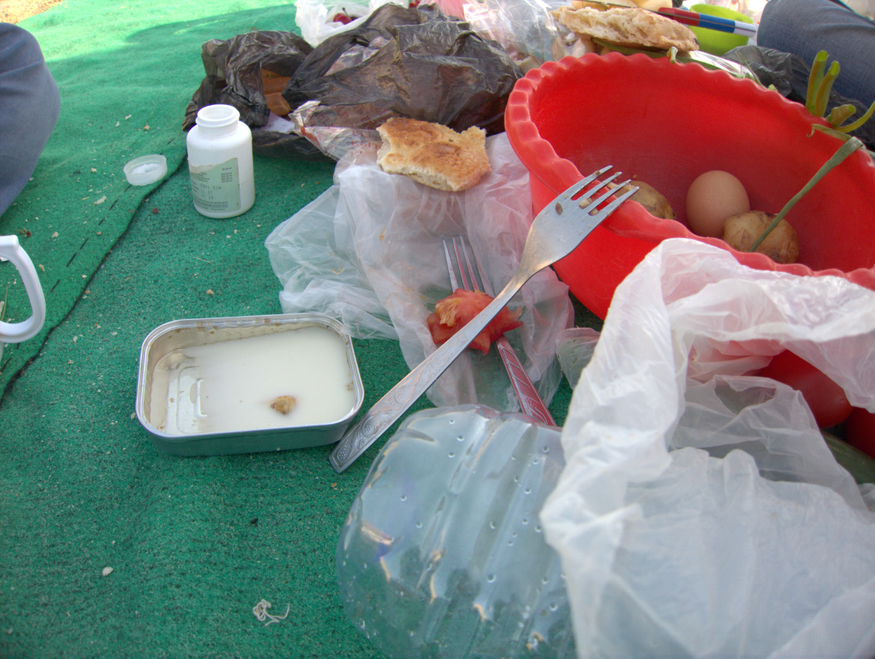Milk inside of a sardine can sitting on a dirty green blanket. surrounded by garbage and a red bowl of food.