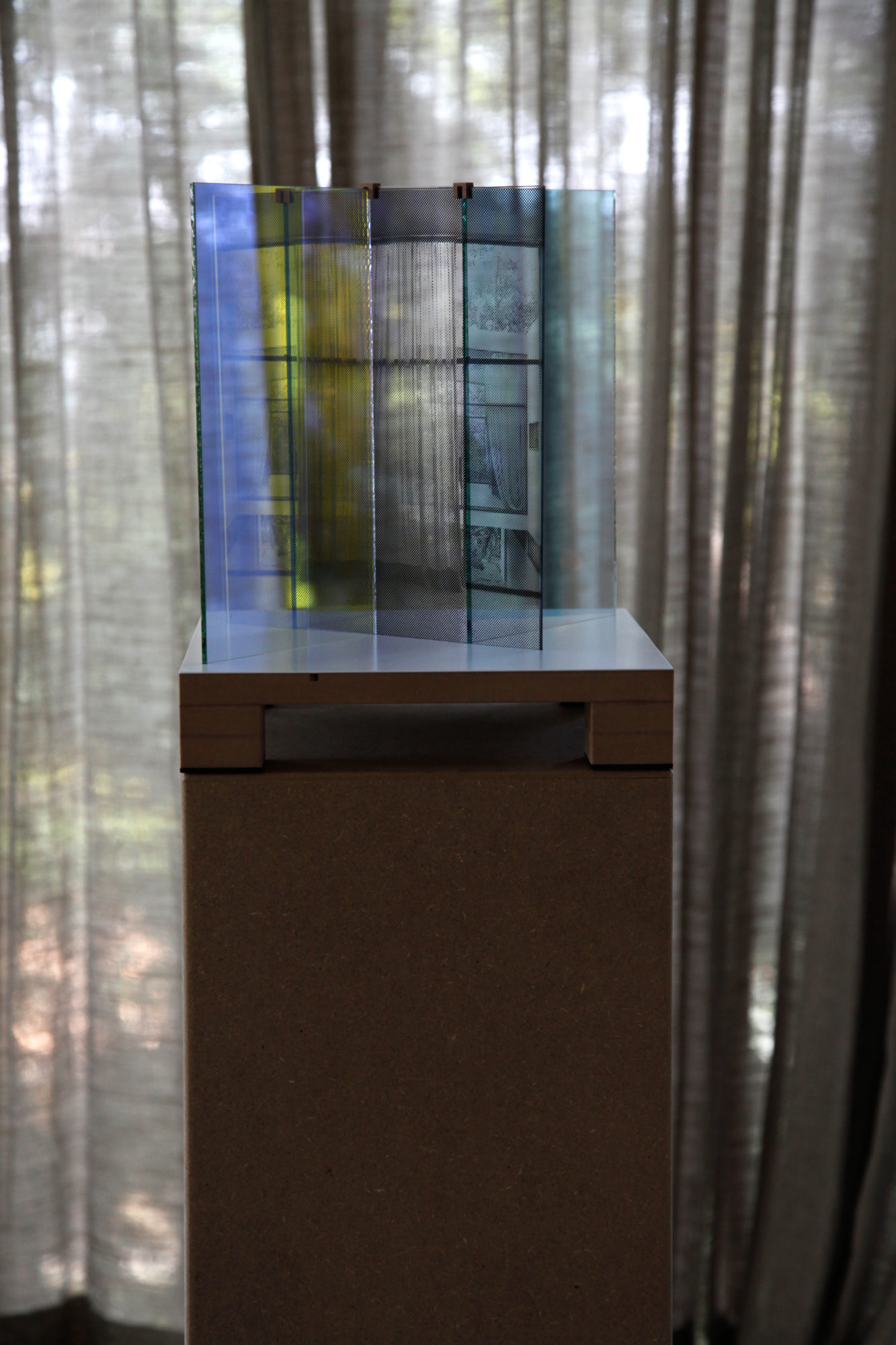 A closeup installation view of Veronika Kellndorfer's, Curtain, courtyard and reflection 2016.