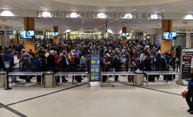 A crowded security checkpoint at airport