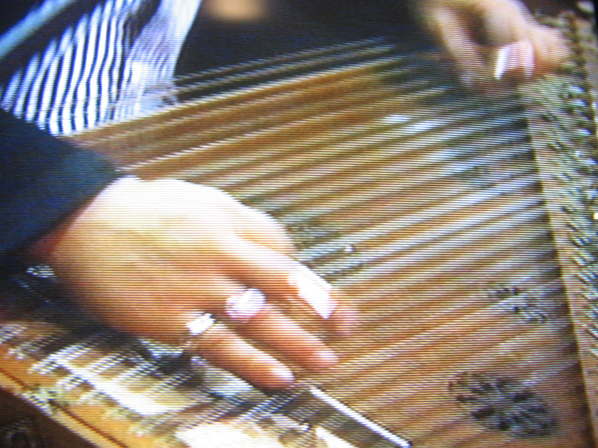 A closeup video still of hands playing a lap harp.