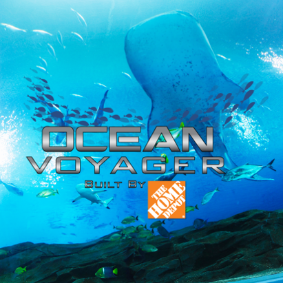 fish and a whale shark swim in an aquarium, behind promotional text for Home Depot's Ocean Voyager