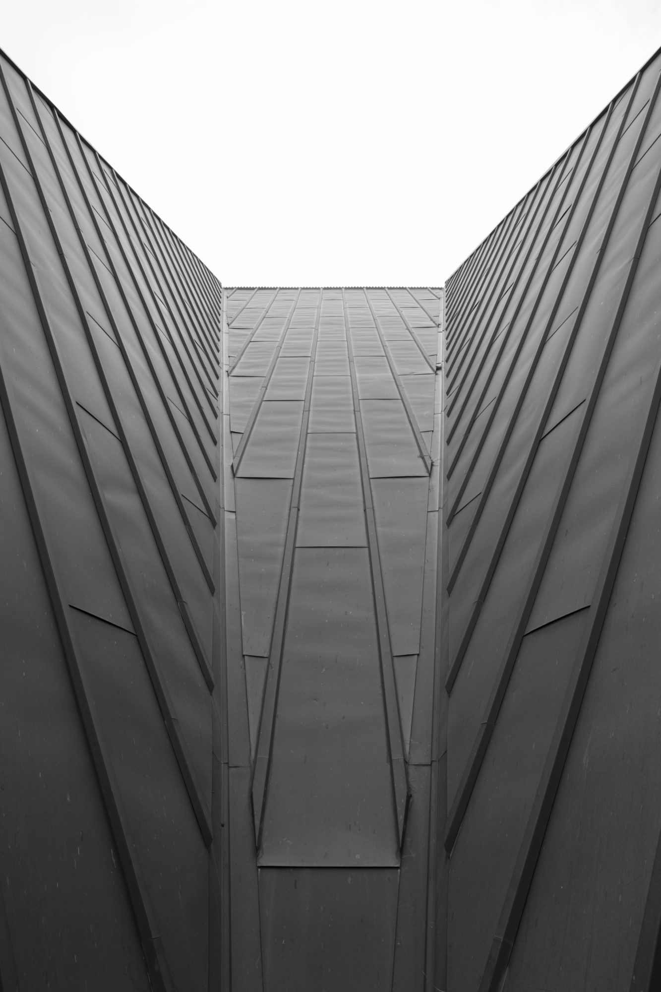 Black and white symmetrical architectural detail of a roof