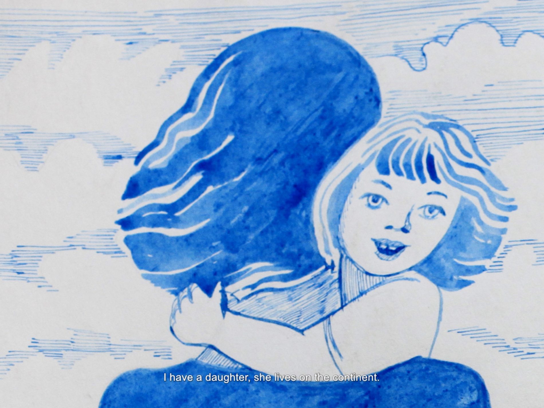 video still of a blue and white painting of woman and young girl