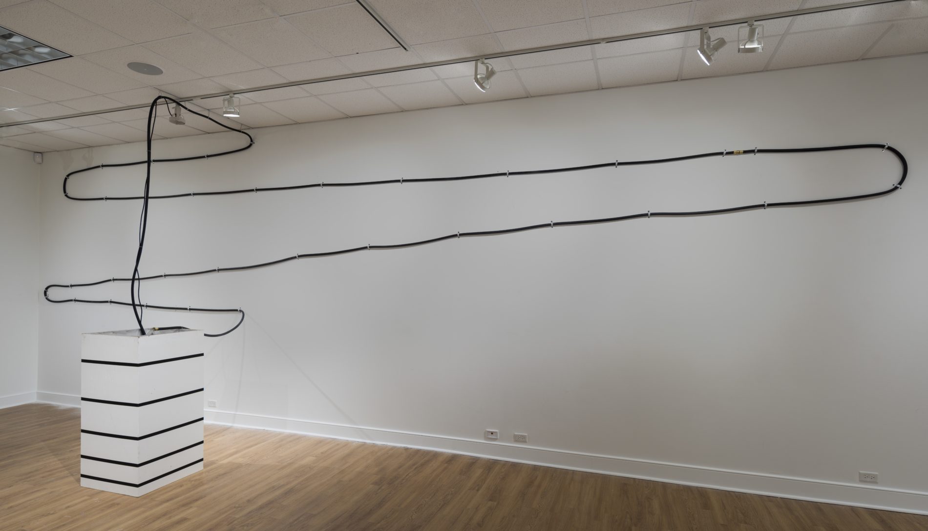 Black and white sculpture by Virginia Overton featuring live wires and water stands near a white gallery wall with light-colored wood flooring with spotlights illuminating different parts of the sculpture.