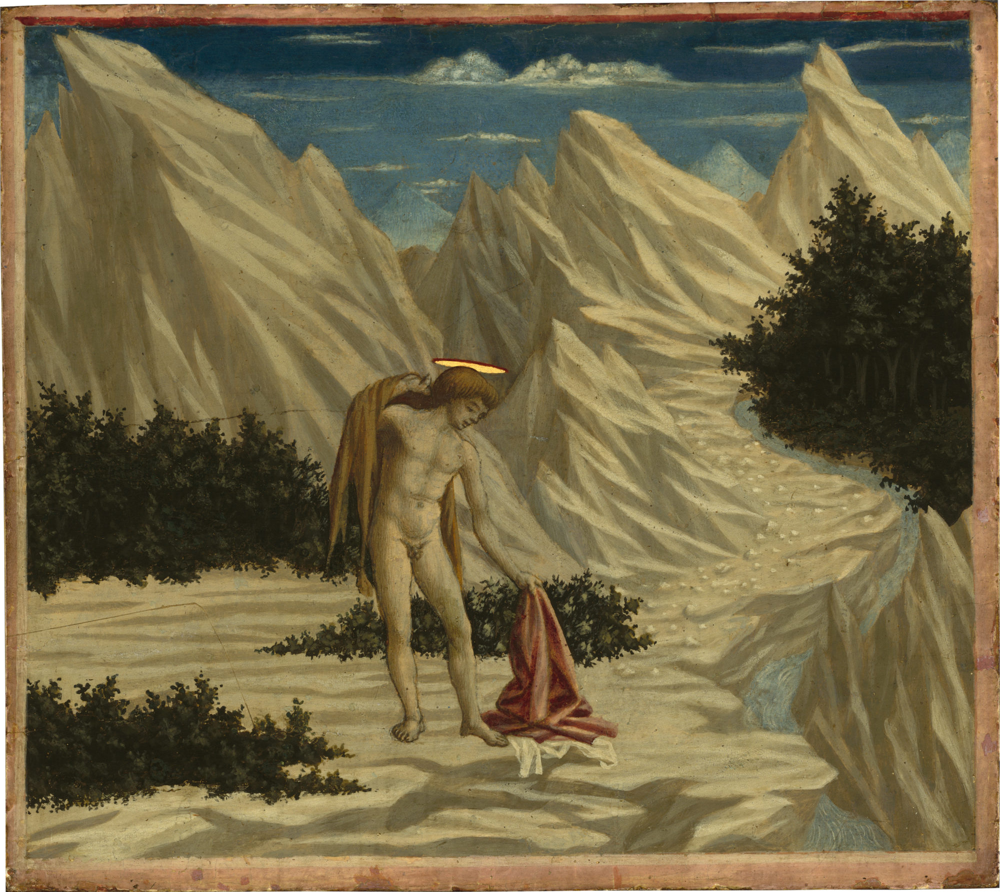 Domenico Veneziano painting of a nude Saint John lifting clothing in a mountainous desert