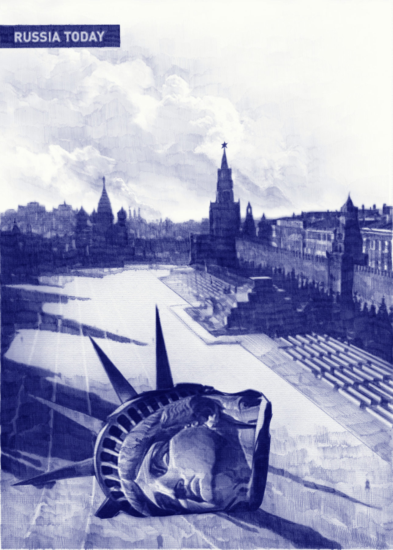 Andrei Molodkin piece featuring the decapitated head of the statue of liberty laying on the ground with Russian landmarks in the background and the text 