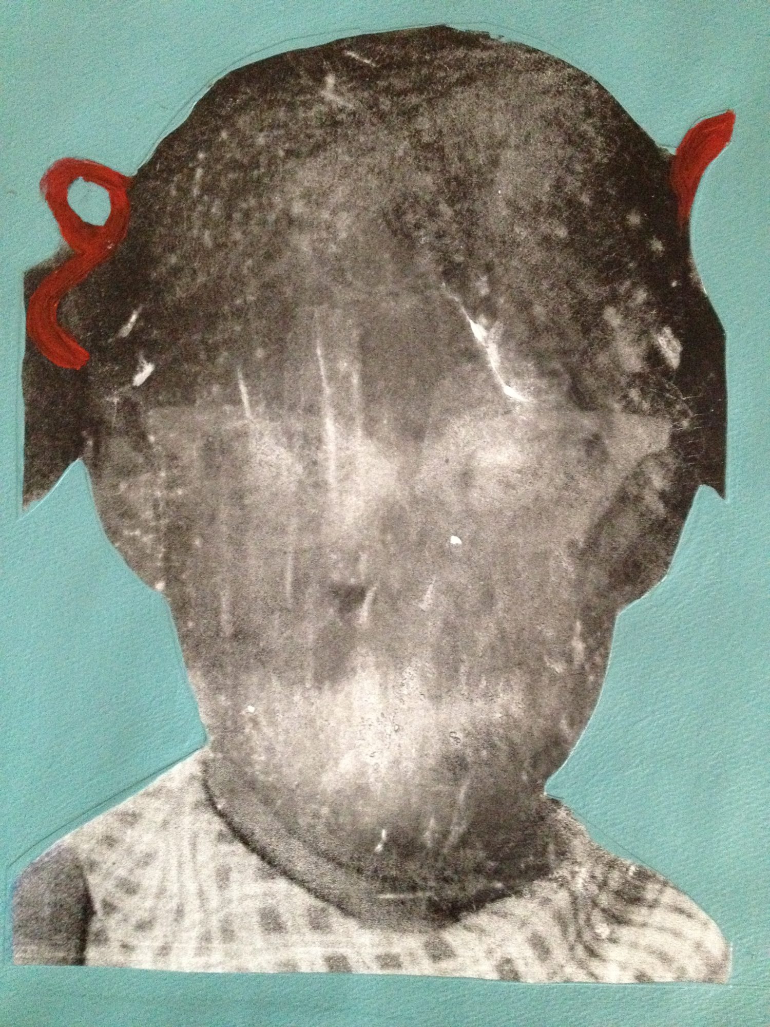 Mixed media image by Deborah Roberts on a teal background featuring the image of a girl wearing red ties in her hair and a geometrically patterned top whose face has been almost completely removed from the image.