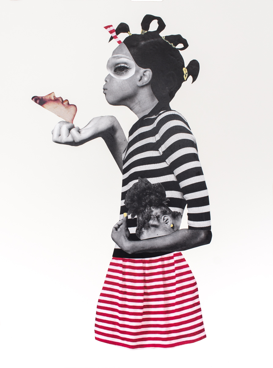 Composite image by Deborah Roberts on a white background featuring several combined photographs of different body parts to form a mostly black and white portrait of a girl’s profile wearing a long-sleeved shirt with narrow black and white horizontal stripes, a horizontally striped red and white skirt, and red barrettes. The girl holds pieces of heads from other photographs in her hands.