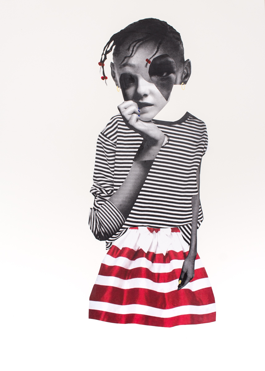 Composite image by Deborah Roberts on a white background featuring several combined photographs of different body parts to form a mostly black and white portrait of a girl’s profile wearing a long-sleeved shirt with narrow black and white horizontal stripes, a horizontally striped red and white skirt, and red barrettes.