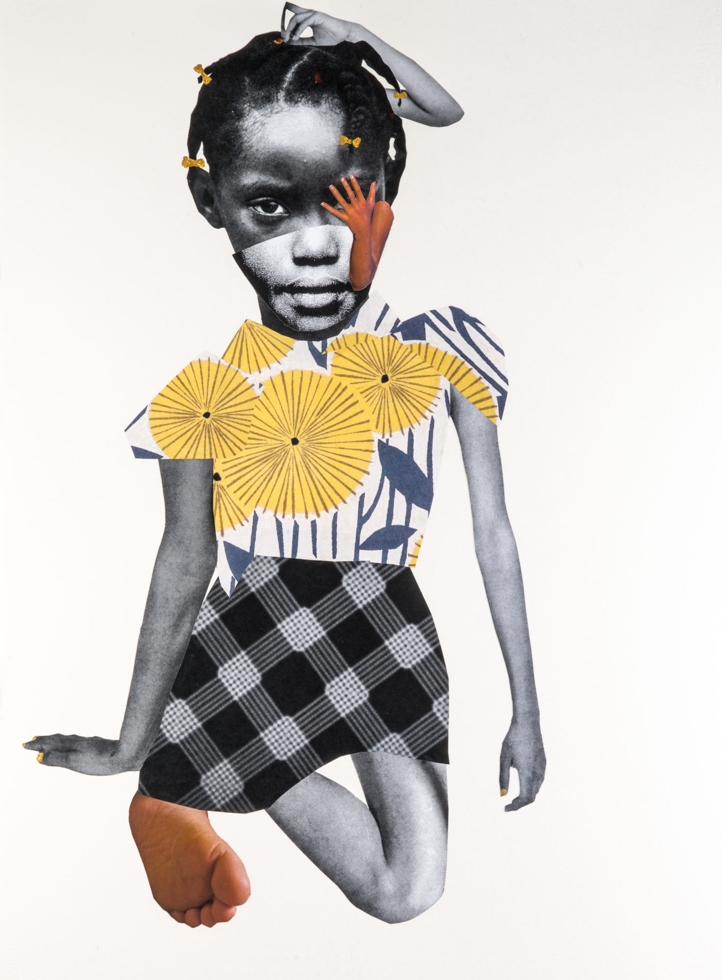 Composite image by Deborah Roberts on a white background featuring several combined photographs of different body parts to form a mostly black and white portrait of a girl wearing a shirt with a blue, white, and yellow floral pattern, a plaid black and white skirt, and yellow barrettes.