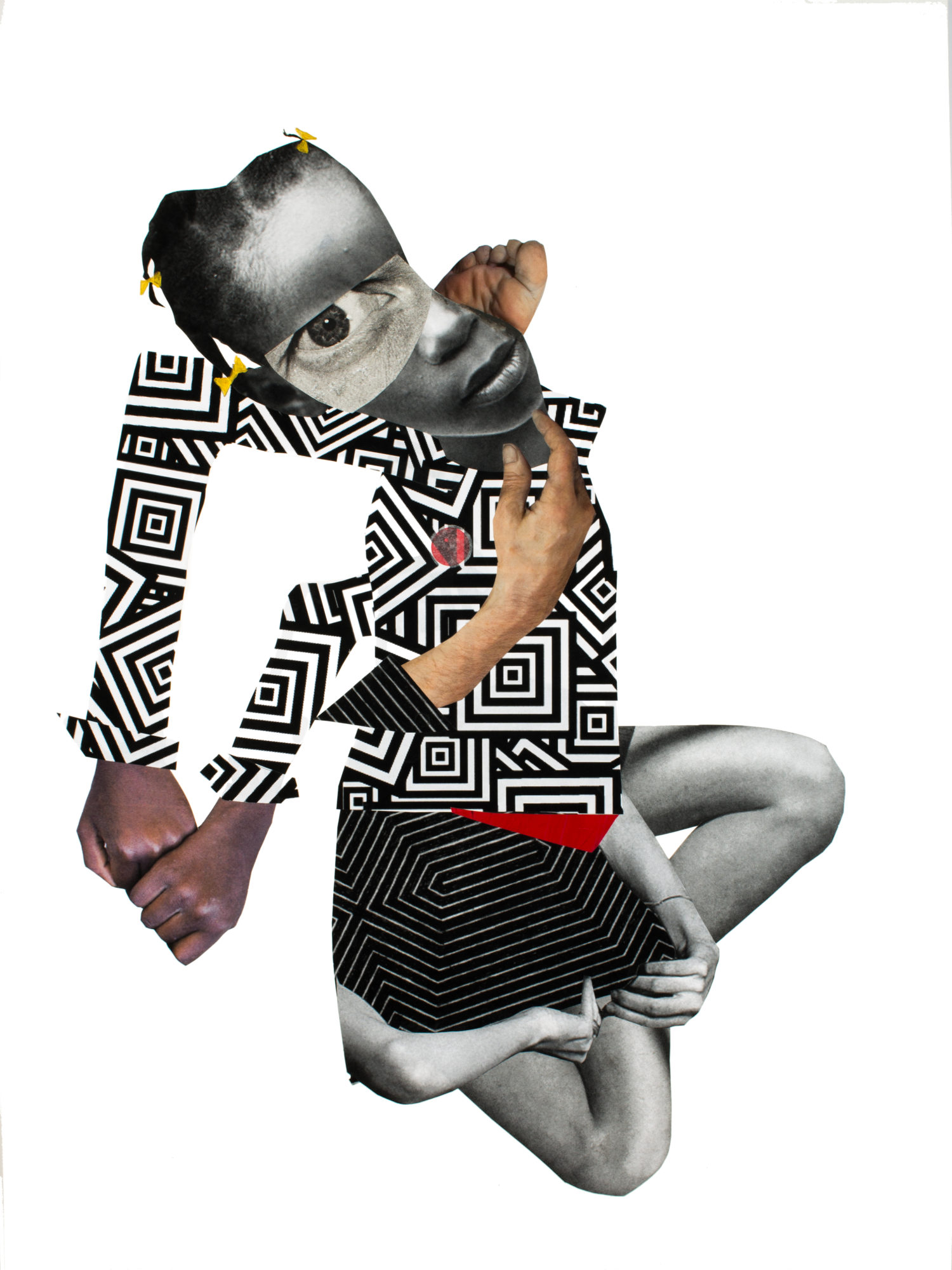 Composite image by Deborah Roberts on a white background featuring several combined photographs of different body parts (mostly arms and legs) to form a portrait of a girl wearing a shirt with a square black and white geometric pattern and yellow barrettes