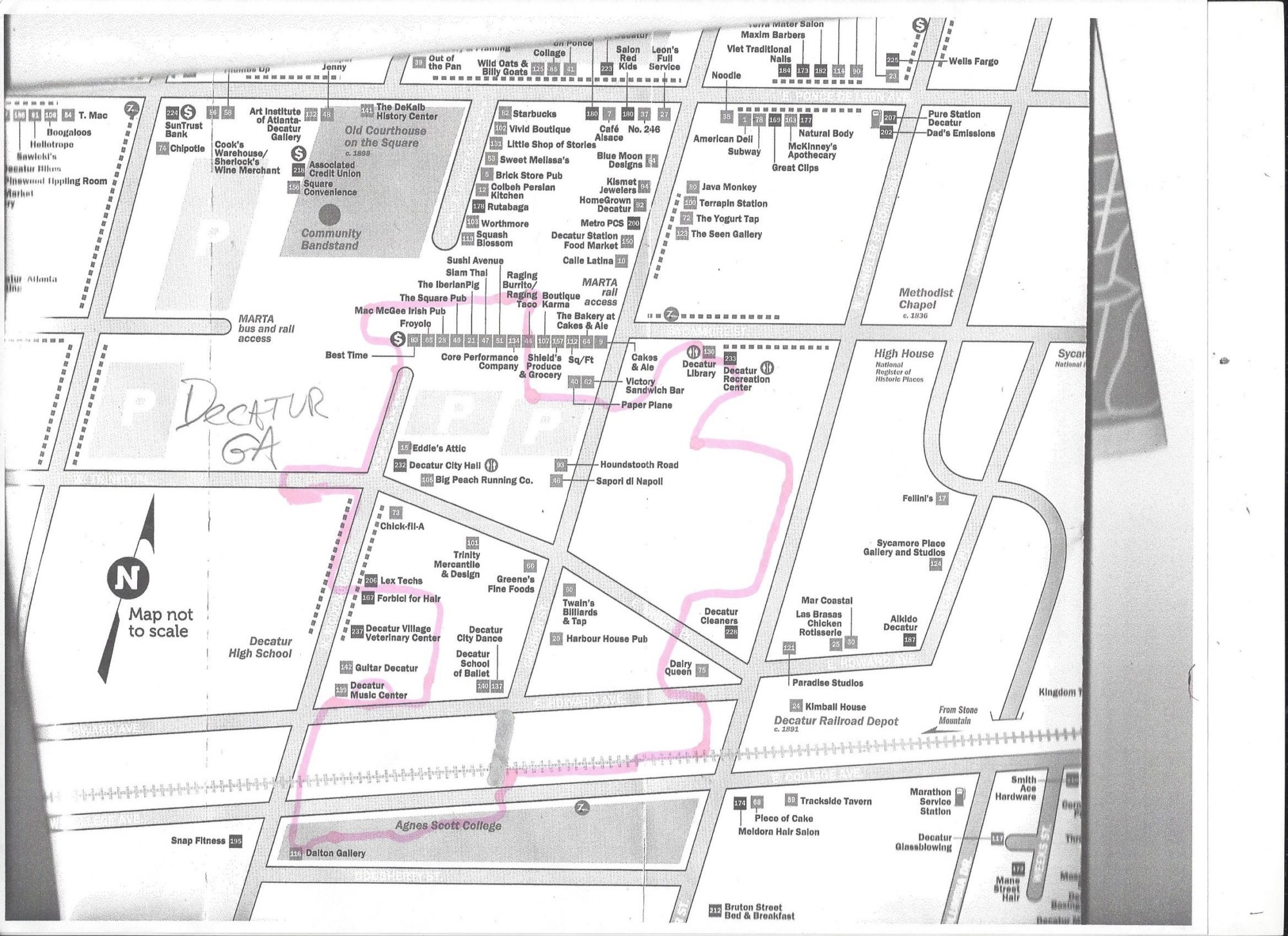 Map of Decatur, GA with pink highlighted routes