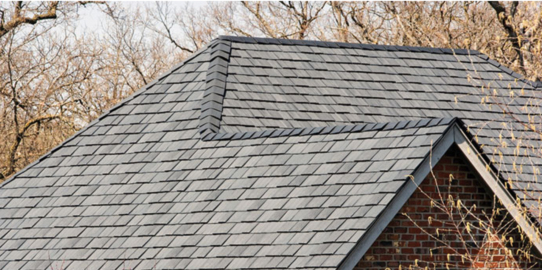 Close up of grey slate shingles on a residential home