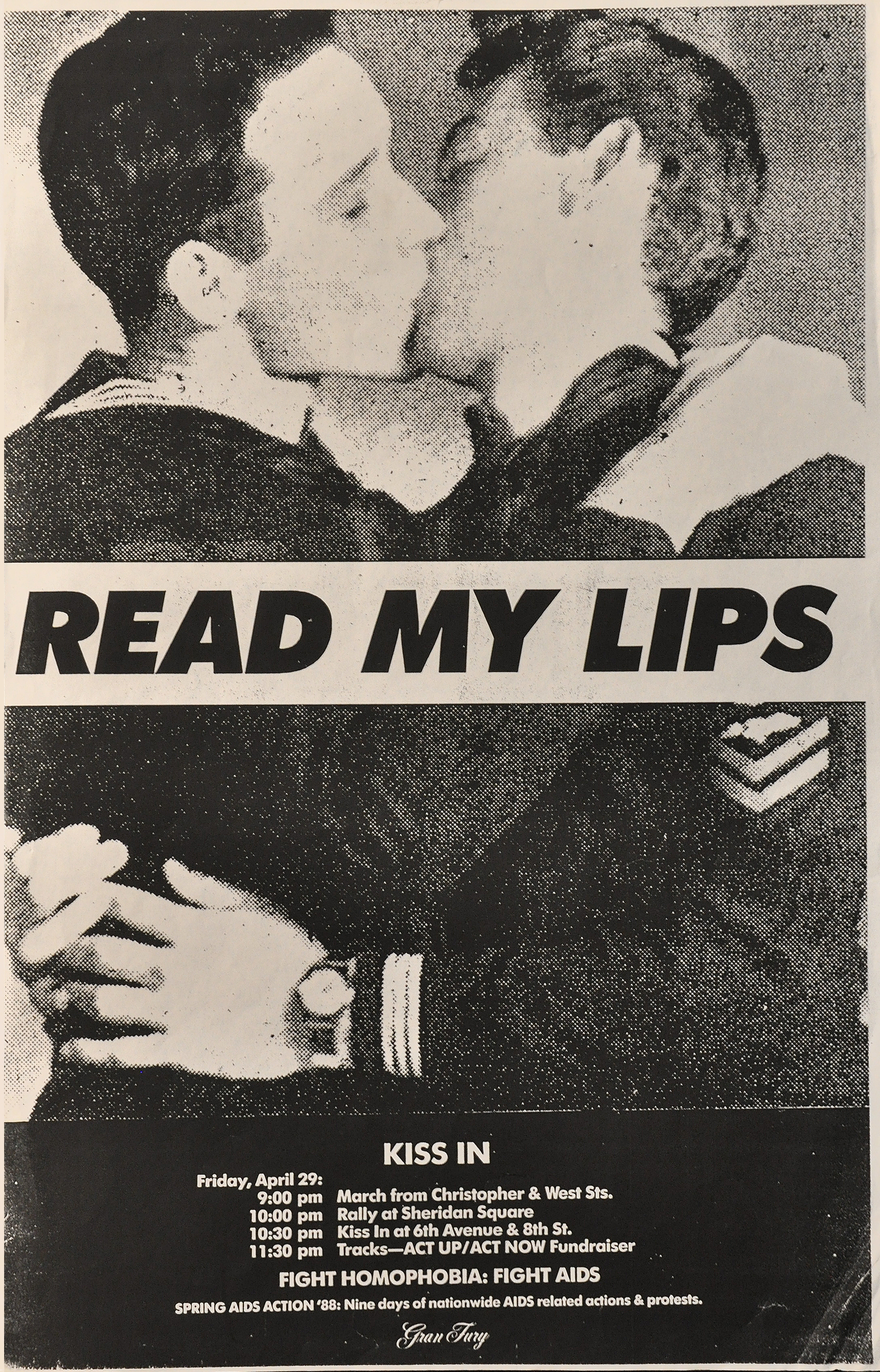 black and grey poster with text and a photo with two men kissing