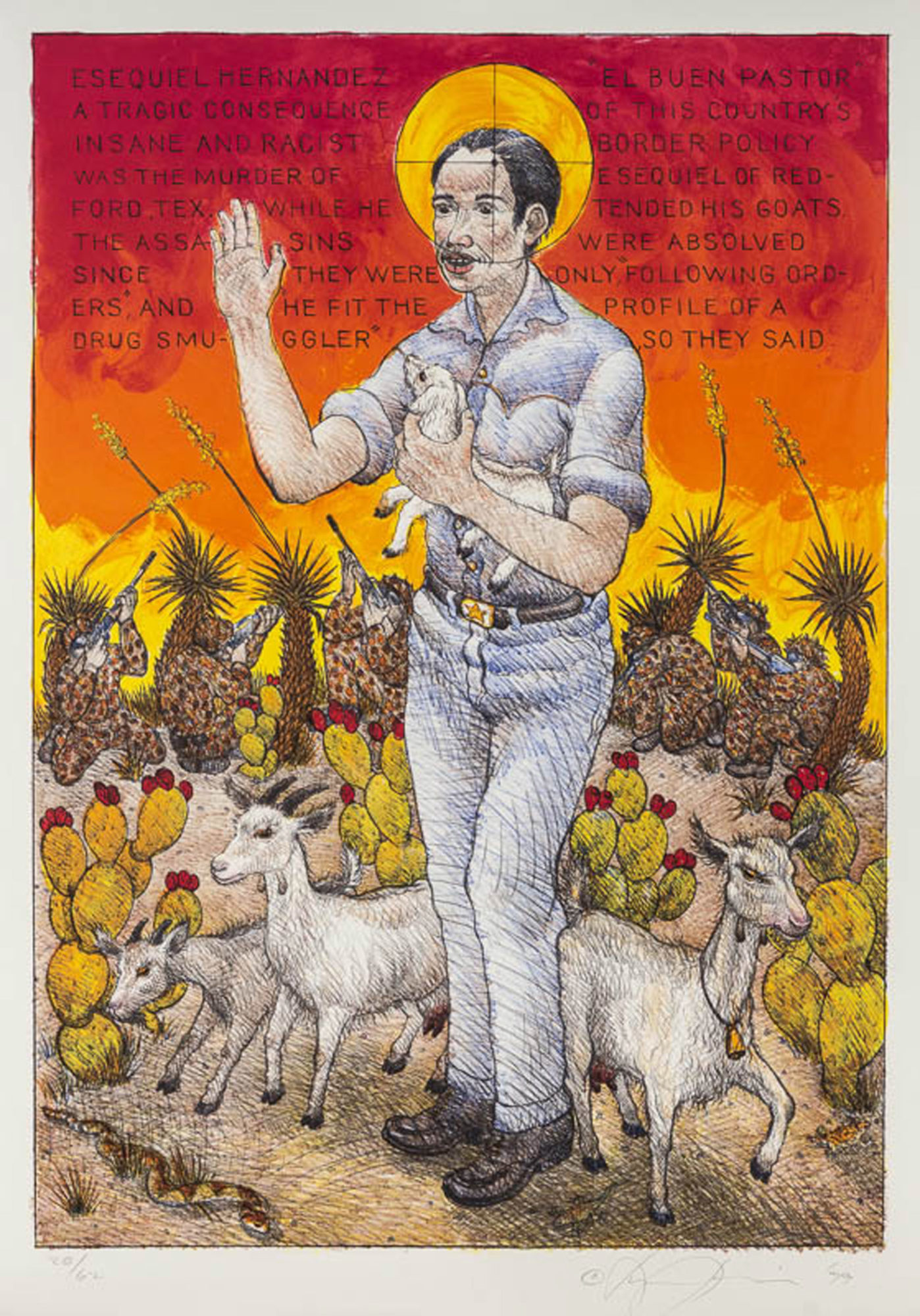 illustration of Esequiel Hernandez in the style of a religious icon. He holds a baby goat while other goats and cactus surround his feet and camouflaged border patrol agents aim their guns in the background