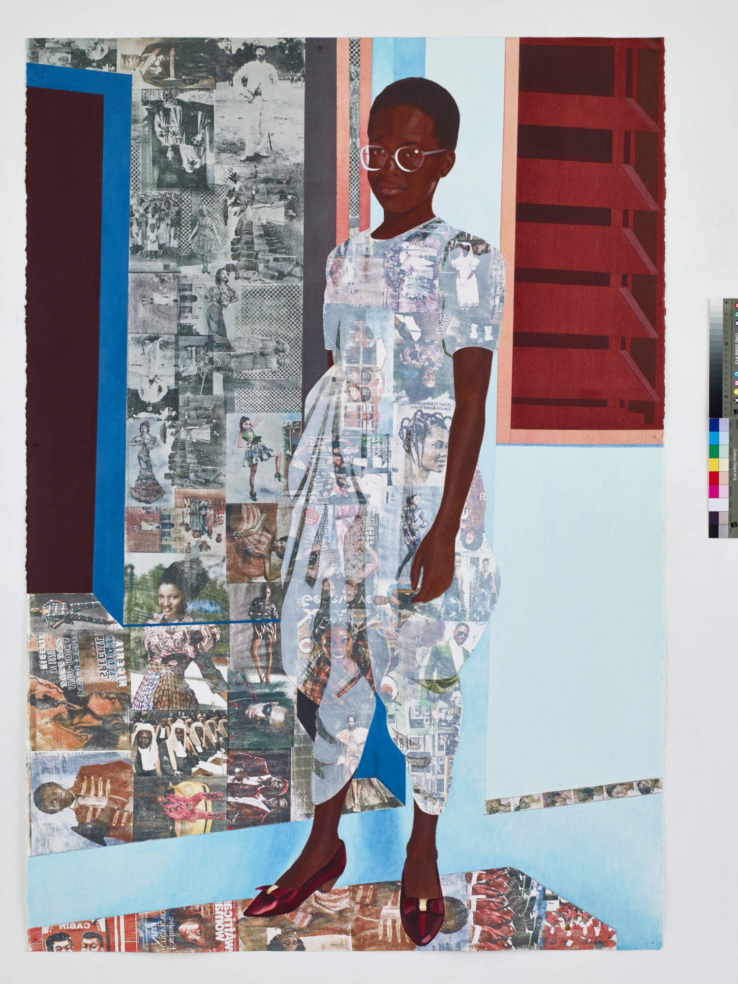 A mixed media artwork of a woman standing on a table