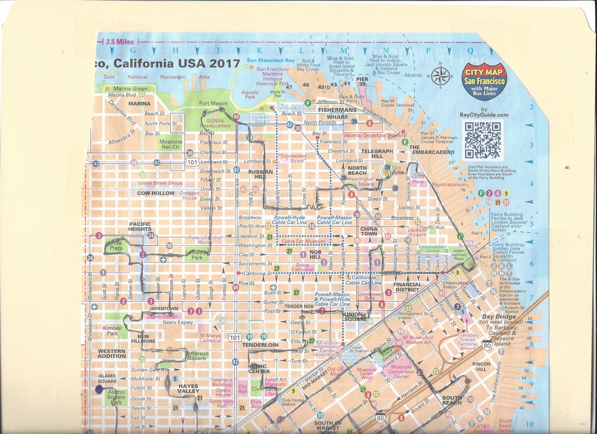 2017 San Francisco City Map with pencil outlining routes through the city