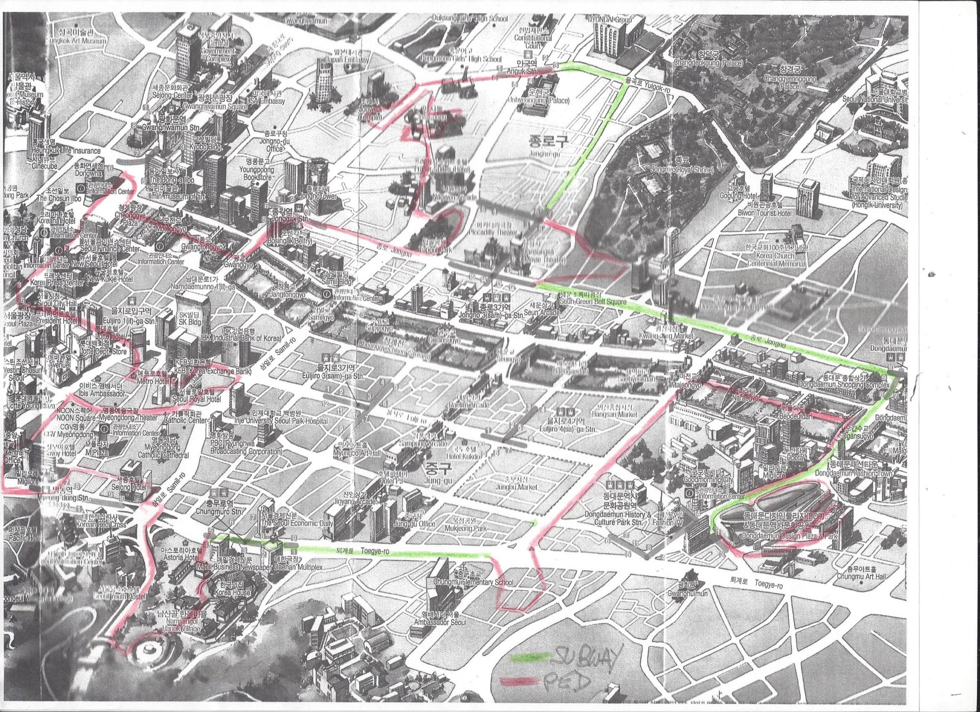 Map of soul with the subway highlighted in green and pedestrian route highlighted in red