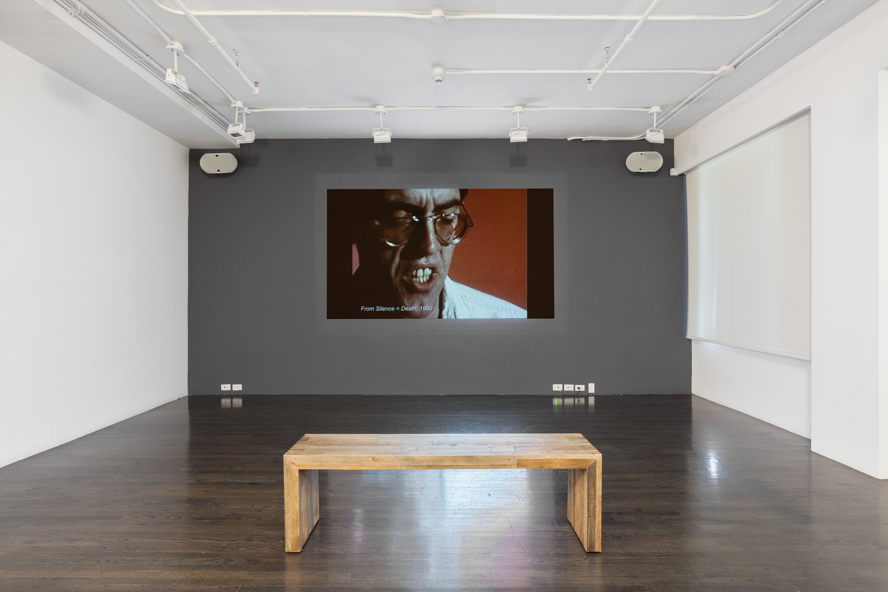 a gallery room with a video playing and a bench