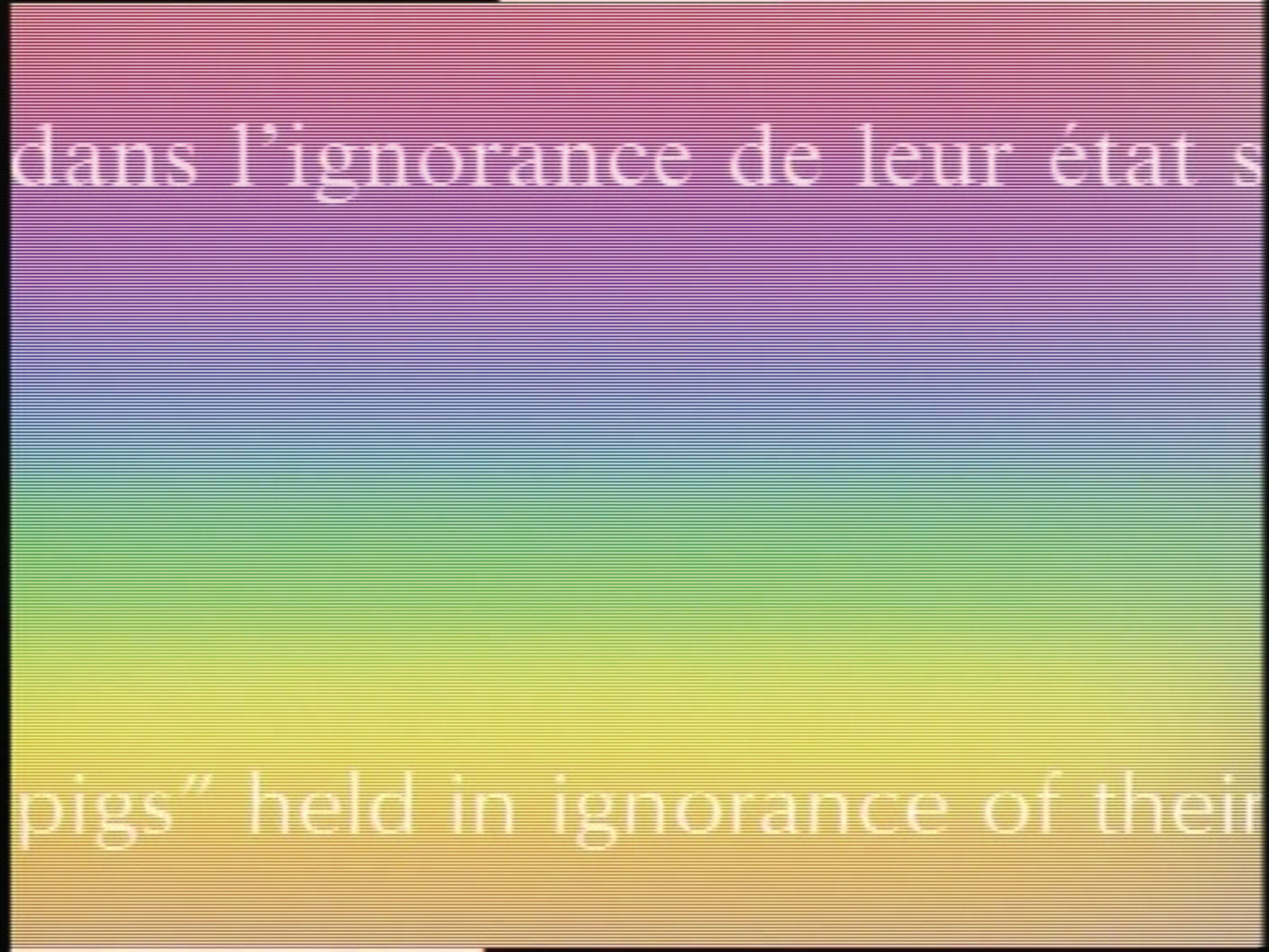 rainbow colored background with white text in French and English