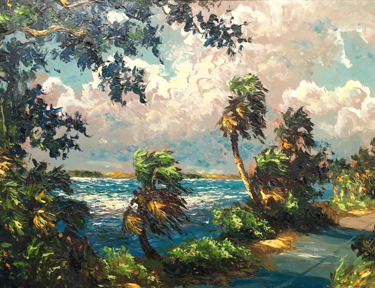 Alfred Hair painting portraying a road lined with yellow and green palm trees and bushes blowing in the wind with a blue body of water running alongside the road and clouds overhead.