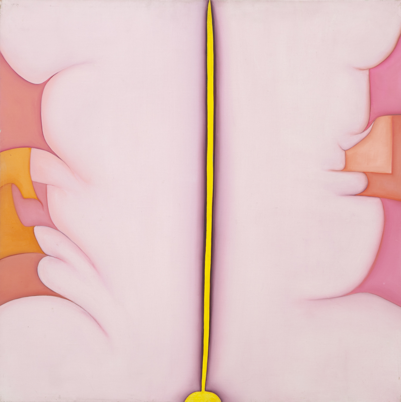 Two light pink figures facing the opposite direction, split by a yellow line.