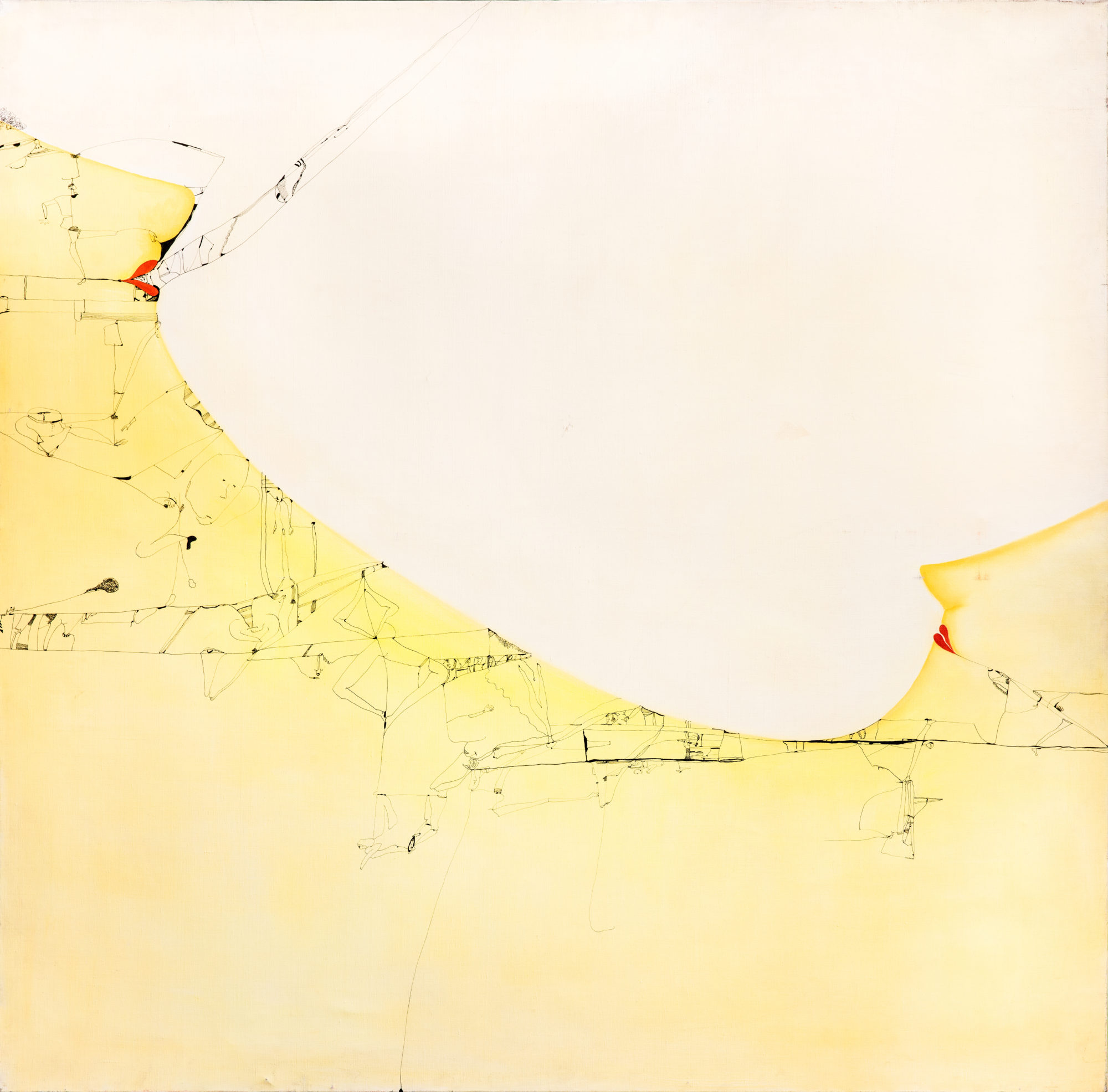 sketch drawing of a yellow slope shape with fine black details on a white background.