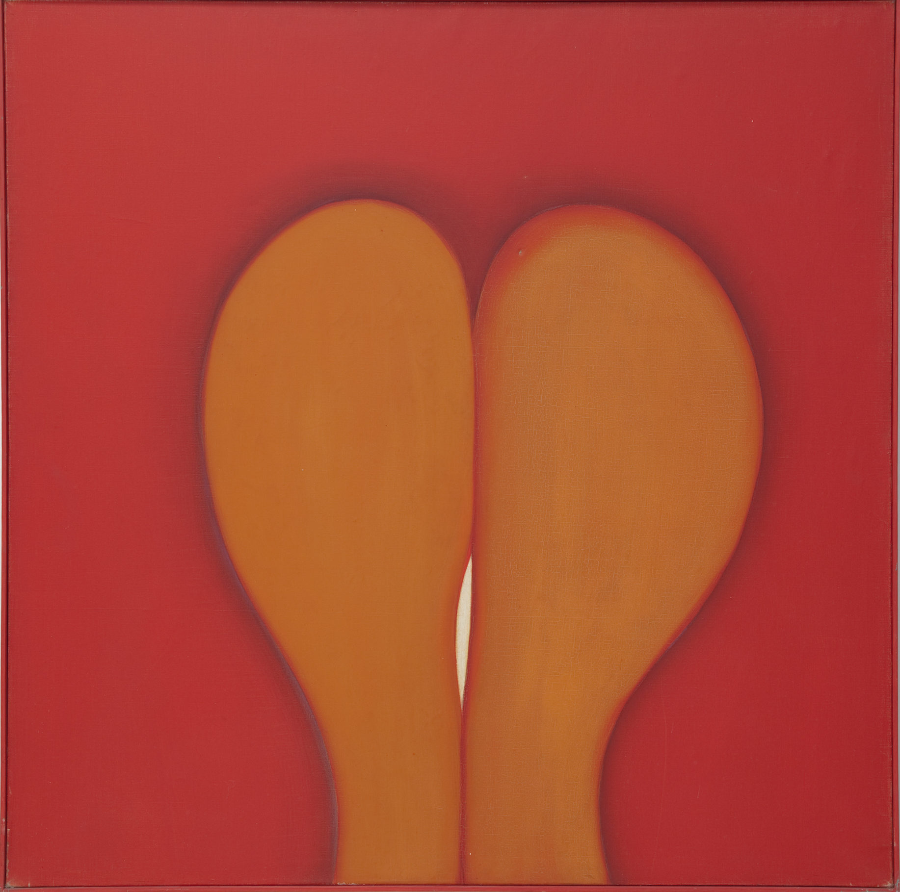 a bent over orange posterior on a red background