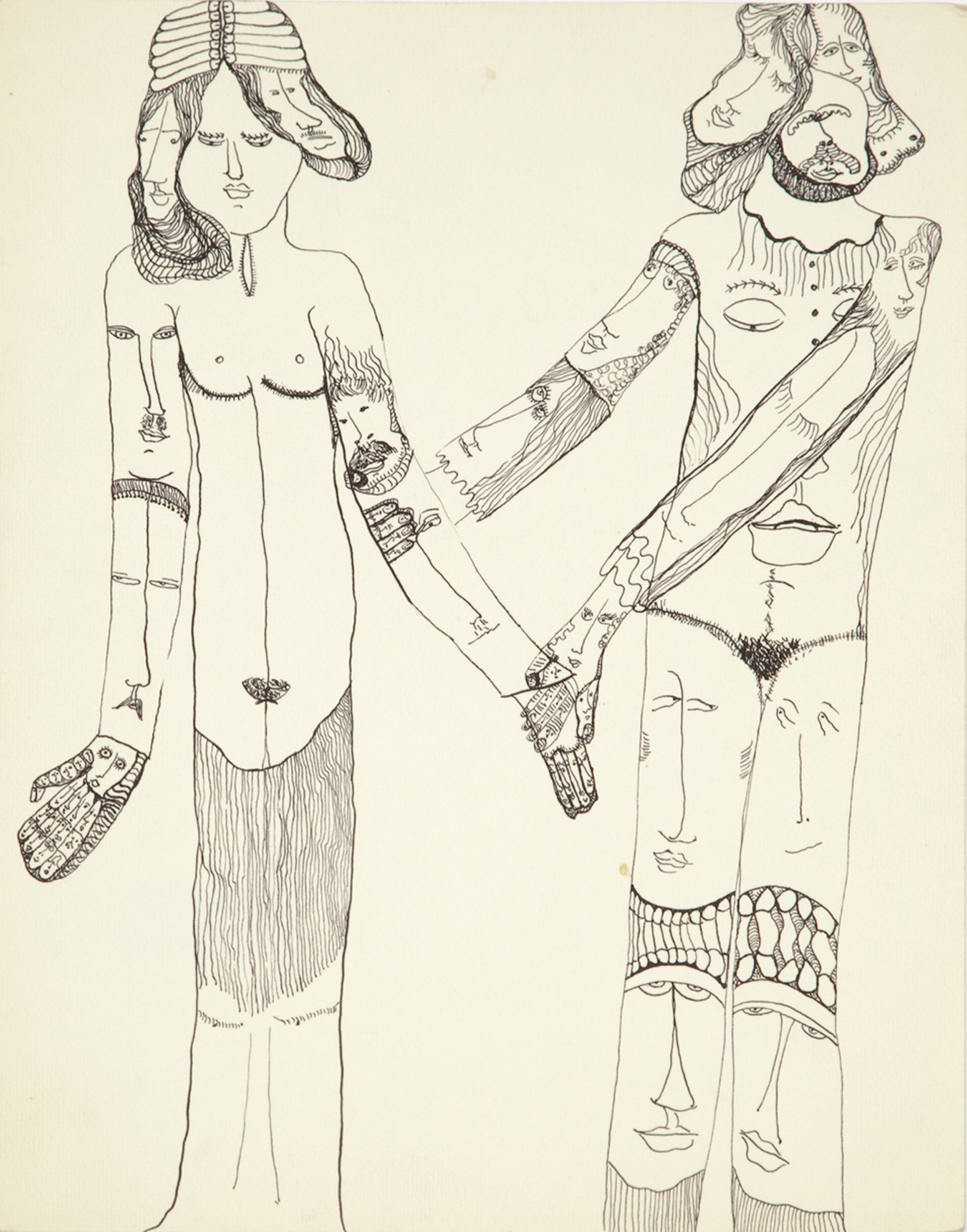 A sketch of two figures, made of various faces, touch.