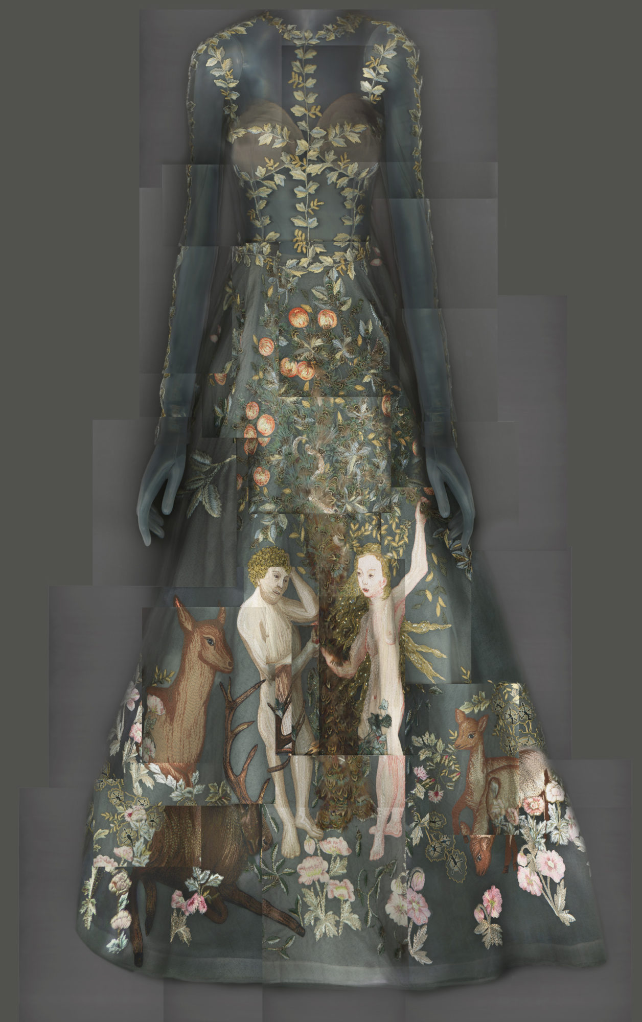formal gown depicting an illustration of Adam and Eve, deer, a tree, and flowers on the fabric against a gray background
